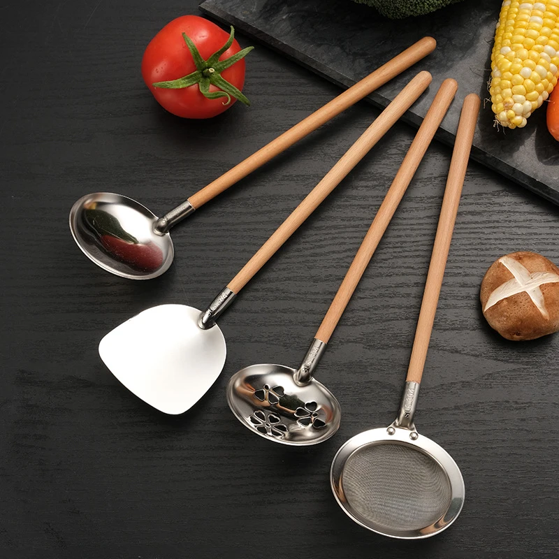 304不锈钢榉木勺汤勺漏勺日式火锅勺子煎铲网漏勺厨具用品