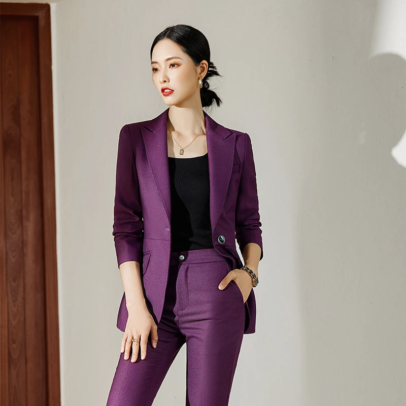 秋冬季2025年新款高级感工作服紫色套装女气质职场正装西服两件套