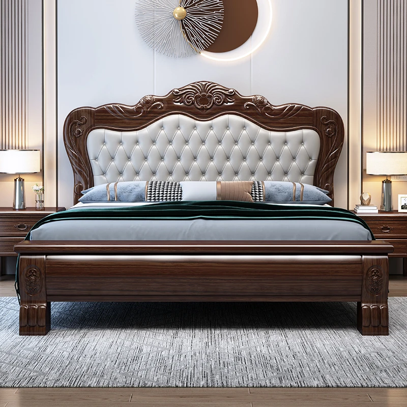 紫金檀木实木床欧式雕花1.8米双人大床现代简约主卧轻奢婚床