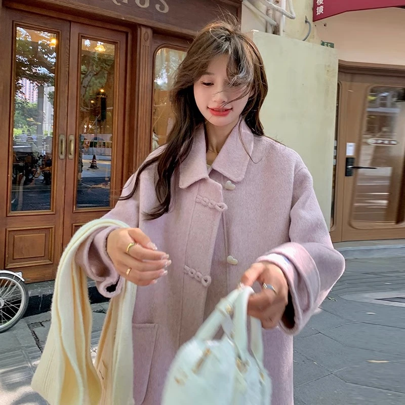 梅粉色高端双面羊毛大衣女秋冬2024新款今年流行爱心盘扣毛呢外套