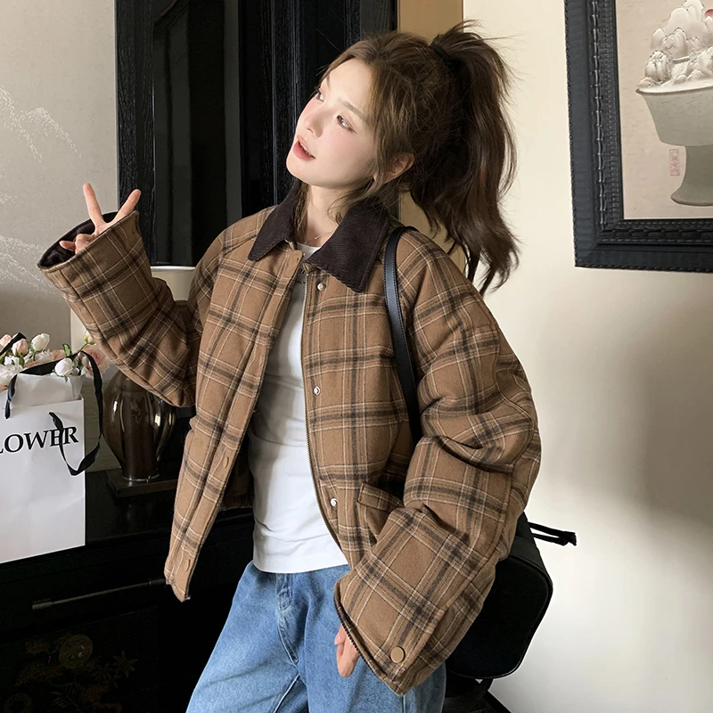 格子保暖羽绒服女短款小个子2024新款冬季翻领时尚洋气秋冬外套厚