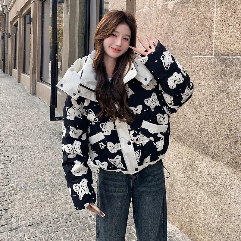 小个子印花连帽羽绒服女冬季新款短款学院风减龄白鸭绒加厚外套