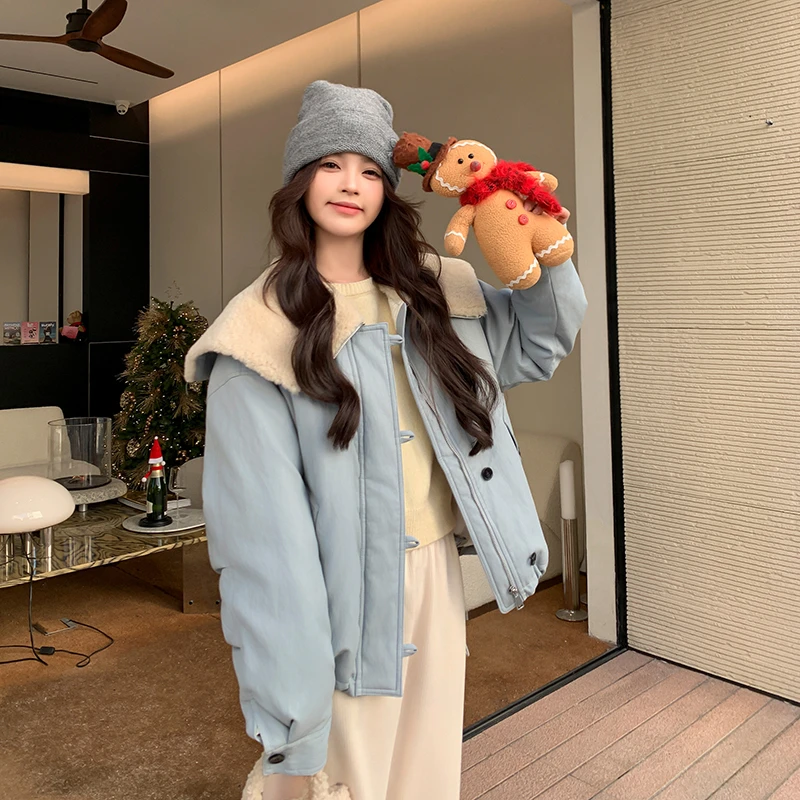 小清新减龄仿羊羔毛大翻领保暖羽绒服女2024冬季新款白鸭绒短外套