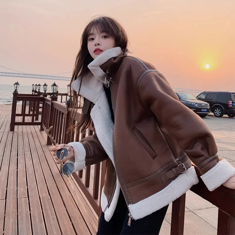 仿羊羔毛外套女秋冬2023新款加厚皮毛一体机车服短款毛绒棉服上衣