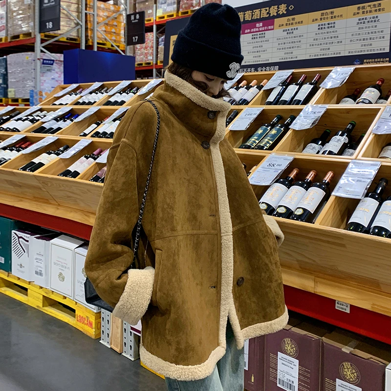 美拉德复古皮毛一体仿羊羔毛外套2024冬季新款慵懒风加厚保暖棉服