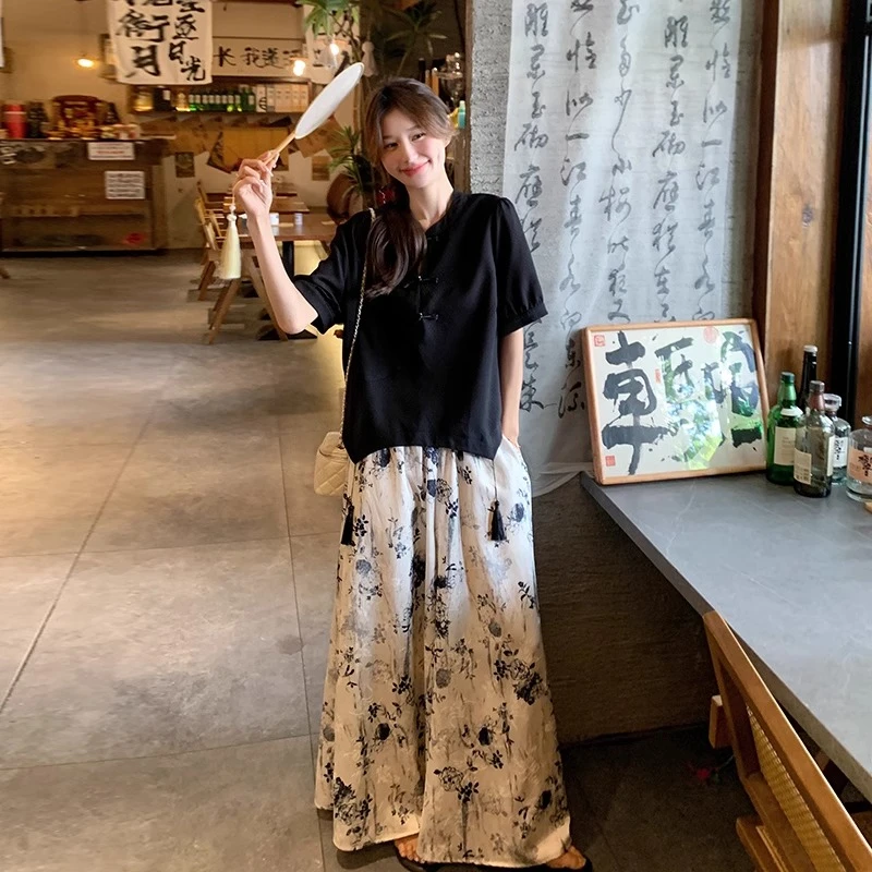新中式国风套装夏气质高级感阔腿裤高腰显瘦垂感水墨画裤裙两件套