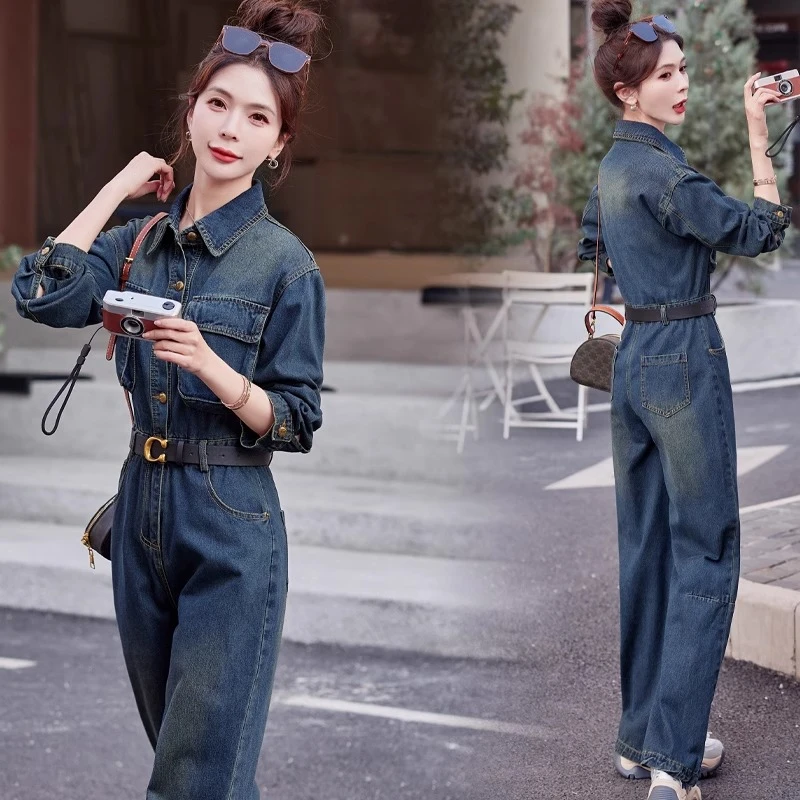 港风气质高腰修身牛仔连体裤潮2024初秋新款女流行简约连衣裤套装