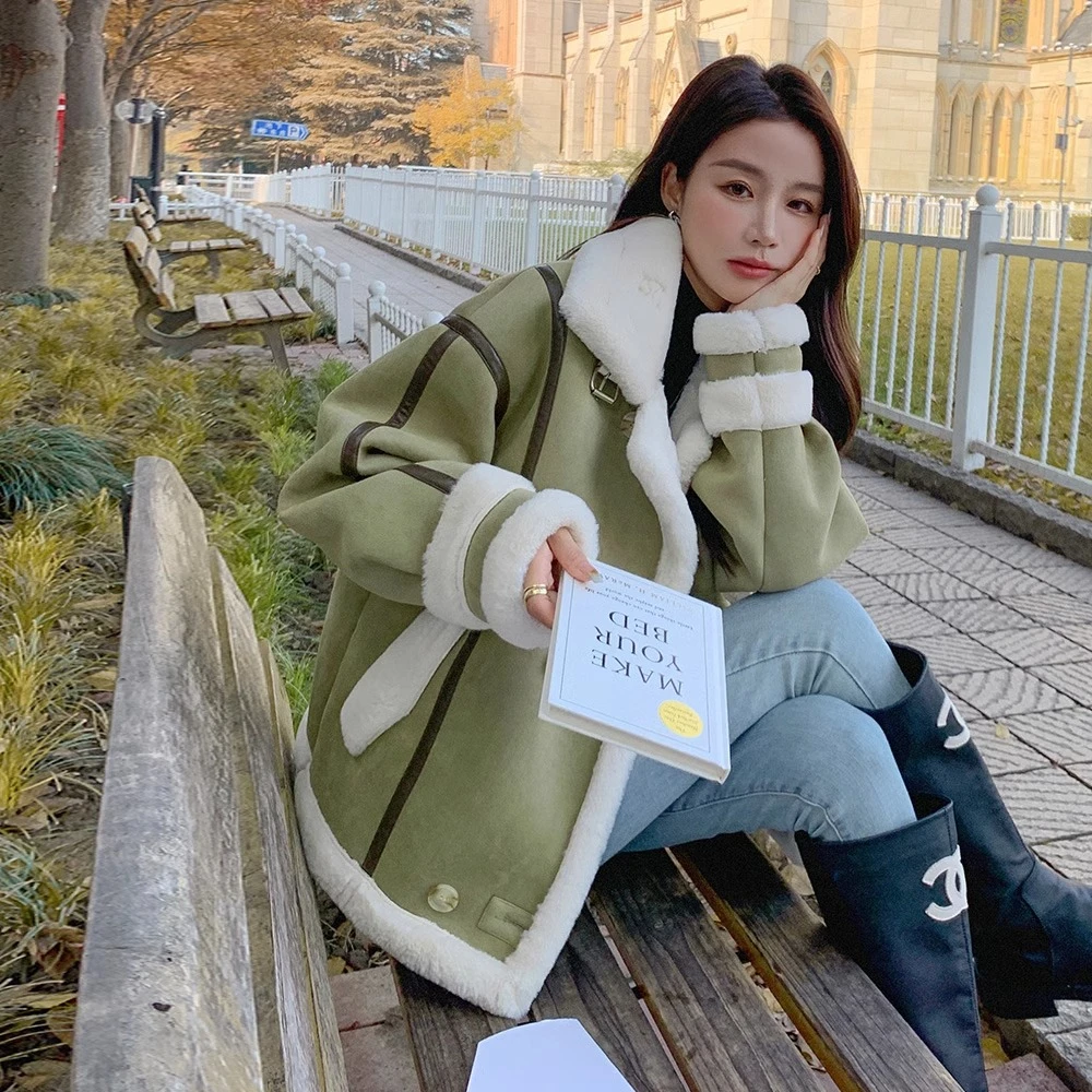 韩系毛领仿羊羔毛外套女冬短款加绒加厚皮毛一体机车服棉服棉衣