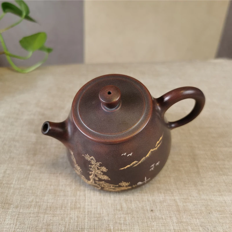 钦州坭兴陶高圆瓢280毫升大容量茶壶纯手工山水功夫茶具单壶家用
