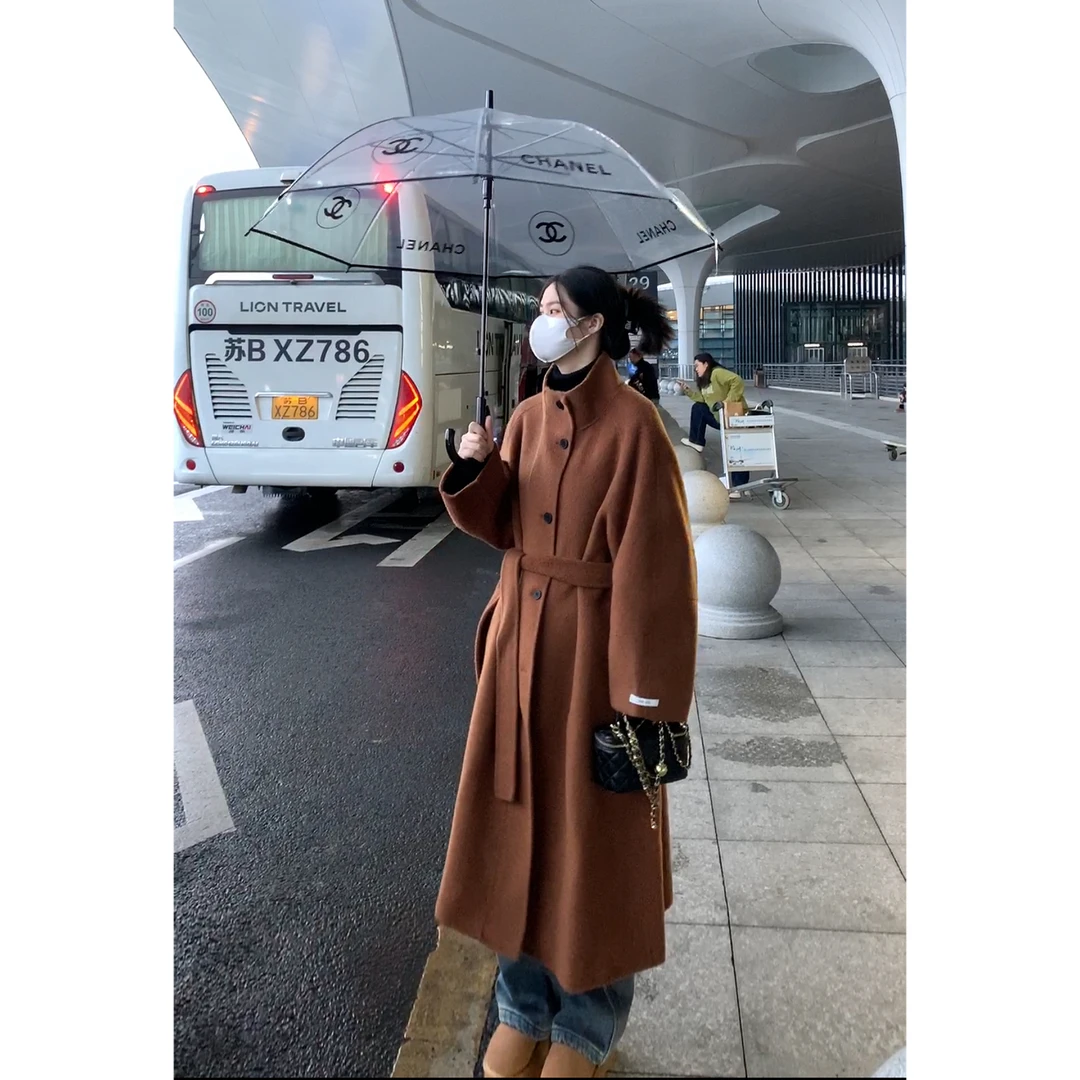 【曼哈顿夜】100羊毛韩版立领全羊毛系带中长款大衣气质设计师外套