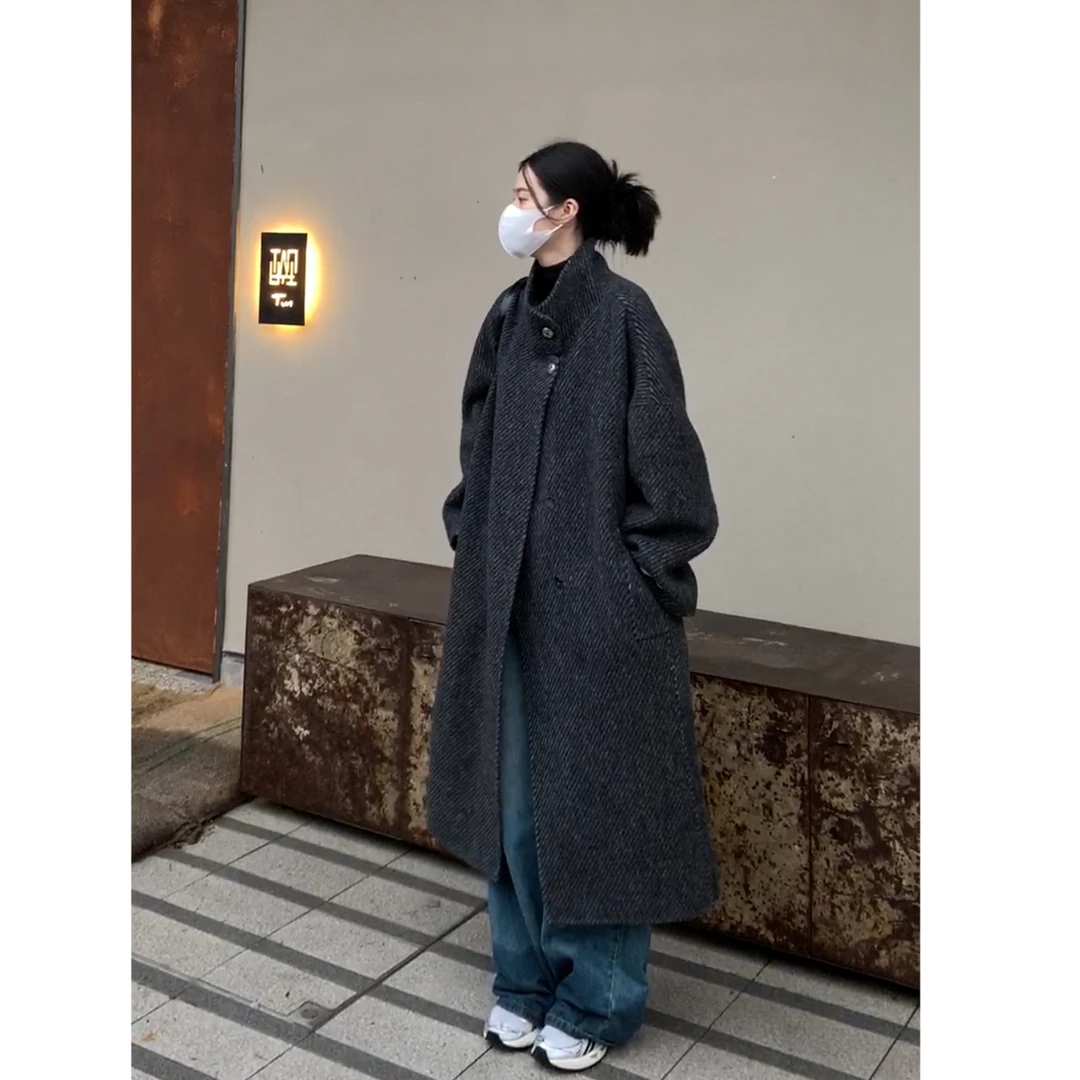 【歌本哈根】韩版斜纹双面呢大衣气质宽松显瘦中长款大衣