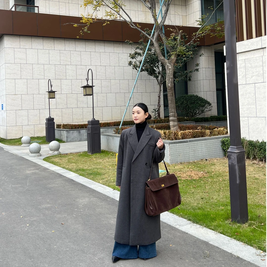 【婷婷】秋冬加棉长款阔版大衣显瘦百搭气质设计师一粒扣时尚韩版