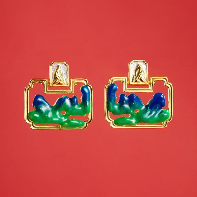 925银珐琅耳饰 【福生六记】原创国风镀金款千里江山手工珐琅耳钉女