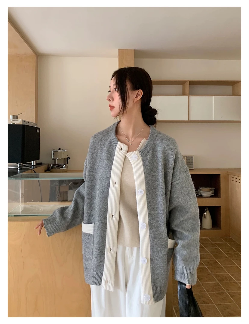 24ss门襟撞边复古宽松休闲百搭居家潮流简约开衫毛衣   男女同款
