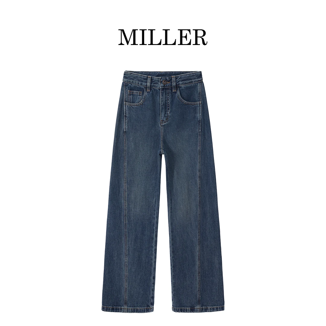 MILLER [硕果]秋冬加绒时尚复古中高腰水洗窄版阔腿裤牛仔裤-5560