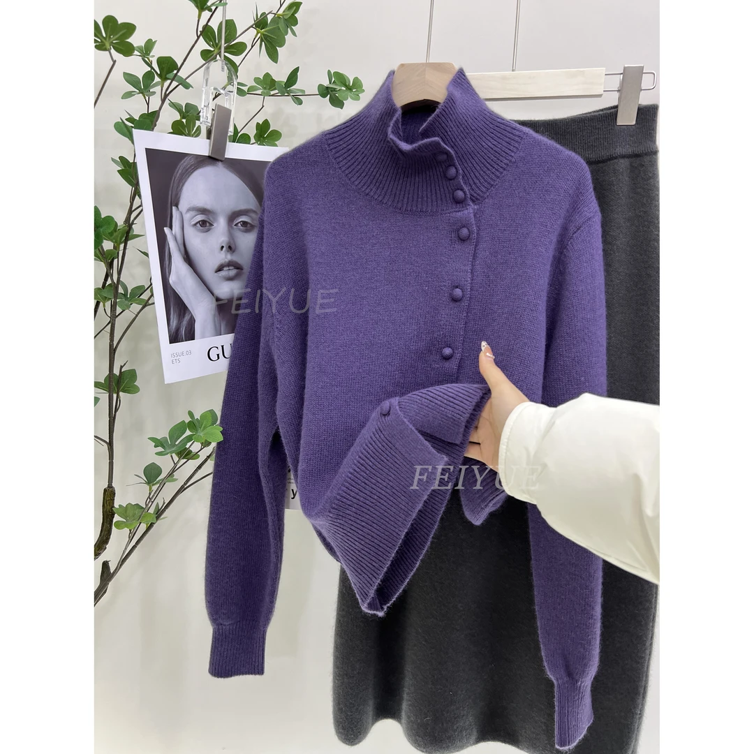 立领针织开衫不对称开叉设计慵懒风针织衫欧货单排扣女款冬季毛衣