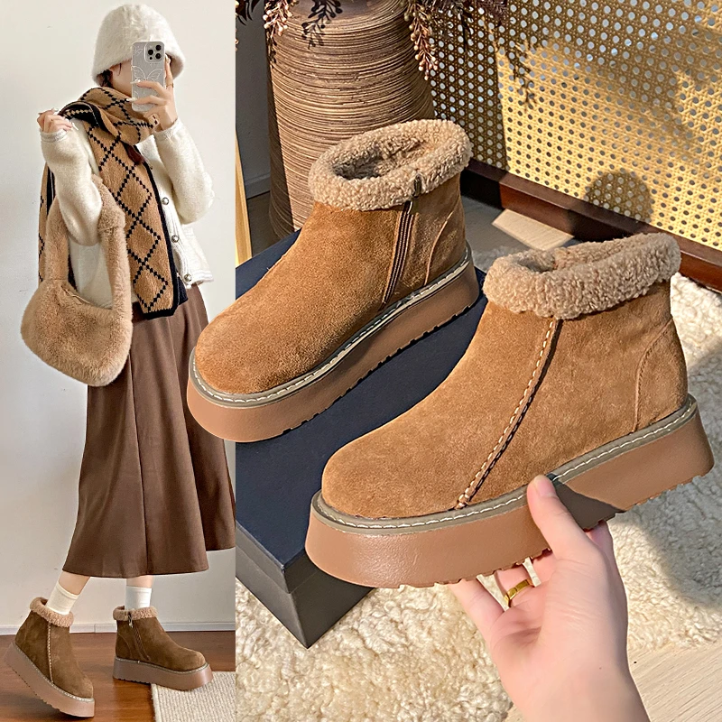 厚底雪地靴女百搭加绒加厚保暖秋冬后拉链短筒时尚棉鞋冬季增高