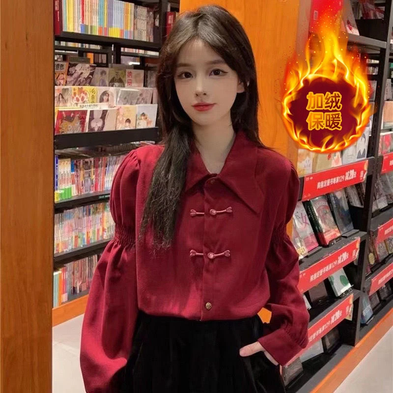 洋气减龄加绒衬衣女秋冬新款中式衬衫宽松显瘦百搭开衫长袖上气质