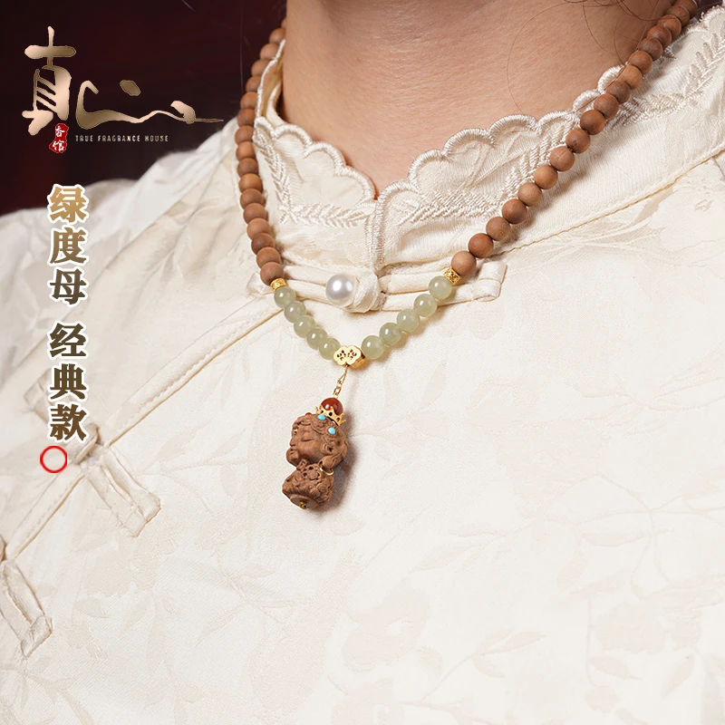 XY040 印度老山檀香6mm项链-晴水和田玉*绿度母新中式 【真心香馆】