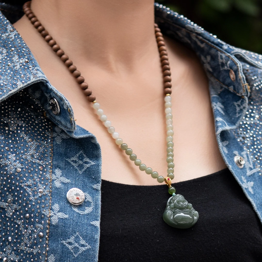 ZB369 印度老山檀6mm项链- 渐变晴水和田玉*（渐变山水）【真心香馆】