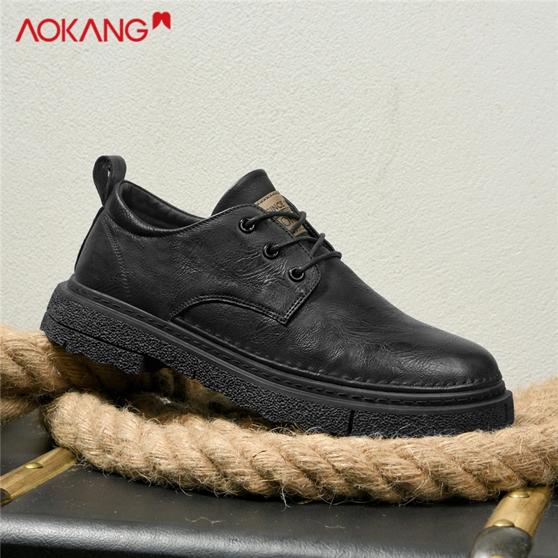 Aokang/奥康2025透气秋季休闲男皮鞋上班通勤英伦风复古男士皮鞋