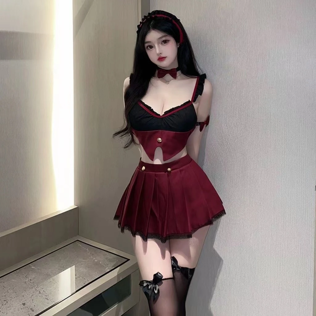 【倚楼听风馆】性感制服睡裙年夏新款红色学生装学院风超短百褶裙