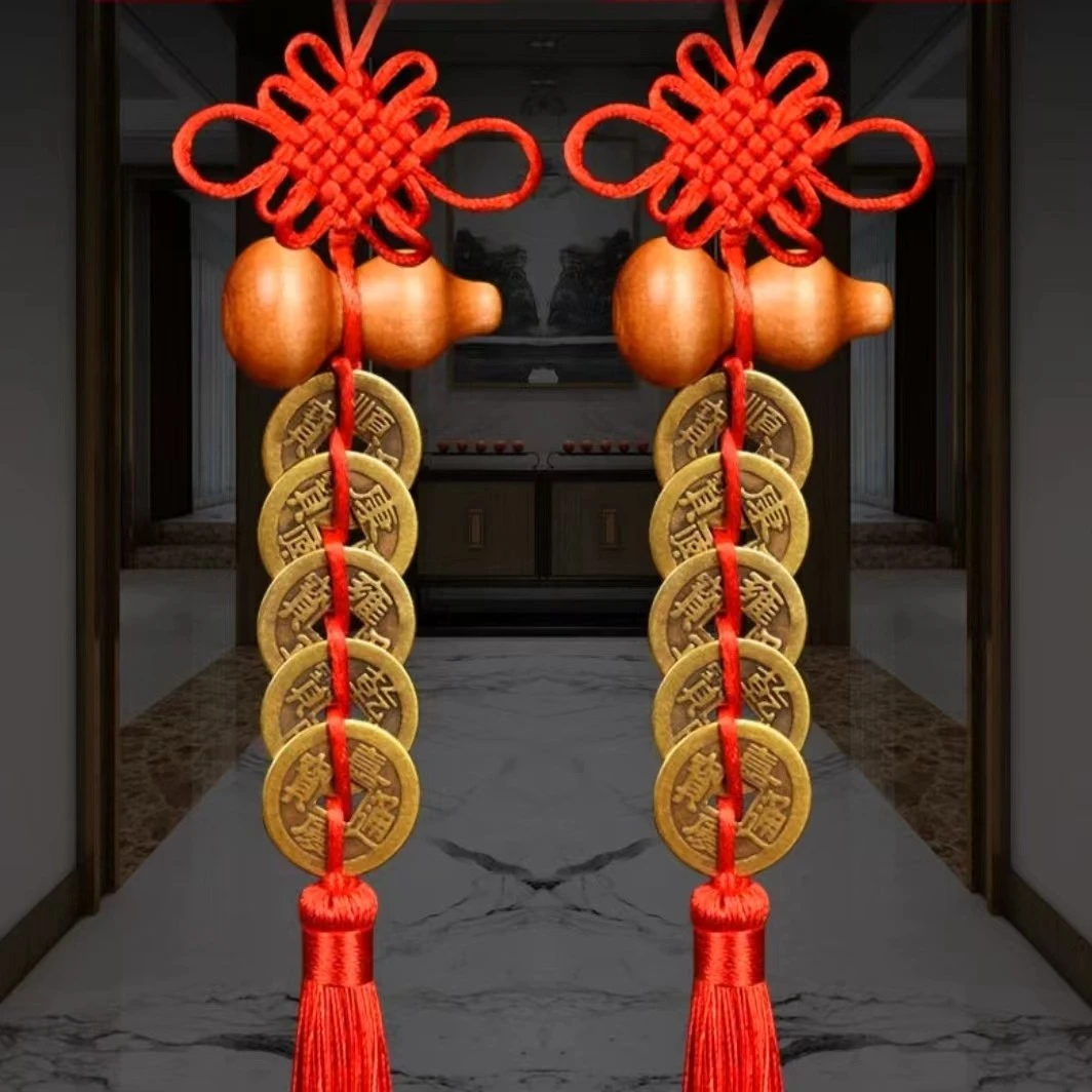【老师推荐】精品黄铜五帝钱桃木葫芦编制中国结吉祥结家居挂饰