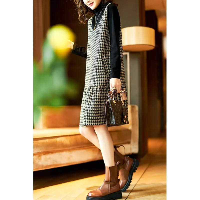 法式新款韩版连衣裙时尚宽松显瘦假两件撞色拼接印花高贵裙子女