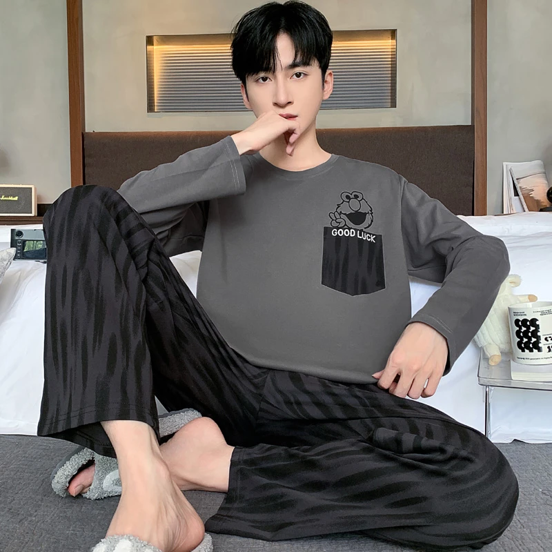 秋季纯棉薄款长袖男士睡衣休闲宽松青少年加肥大码大人家居服套装