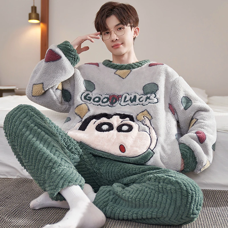 冬季加绒加厚卡通珊瑚绒睡衣青少年学生冬天保暖男大童法兰绒套装