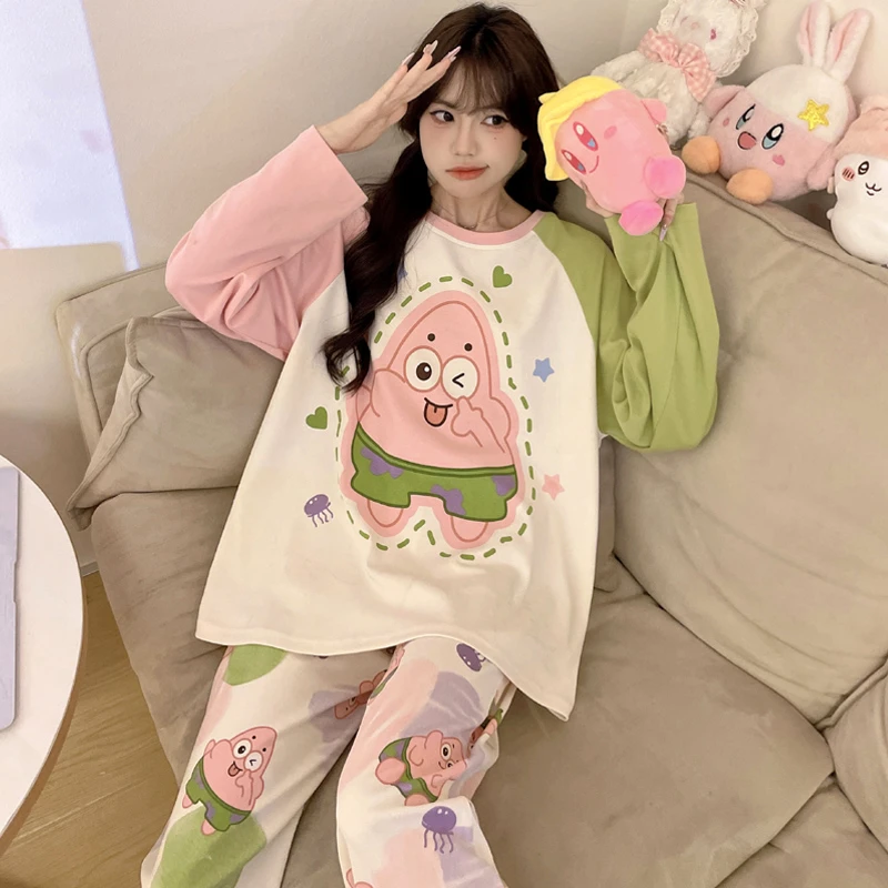 少女睡衣秋纯棉长袖胖女生大码卡通可爱家居服宽松2024新款套装