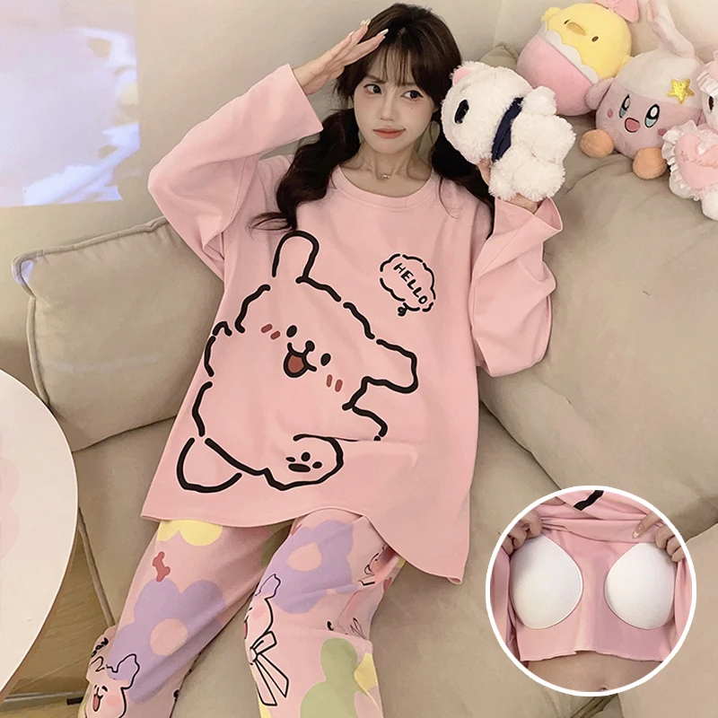 带胸垫睡衣女秋新款纯棉长袖薄款可爱卡通少女生秋天家居服套装