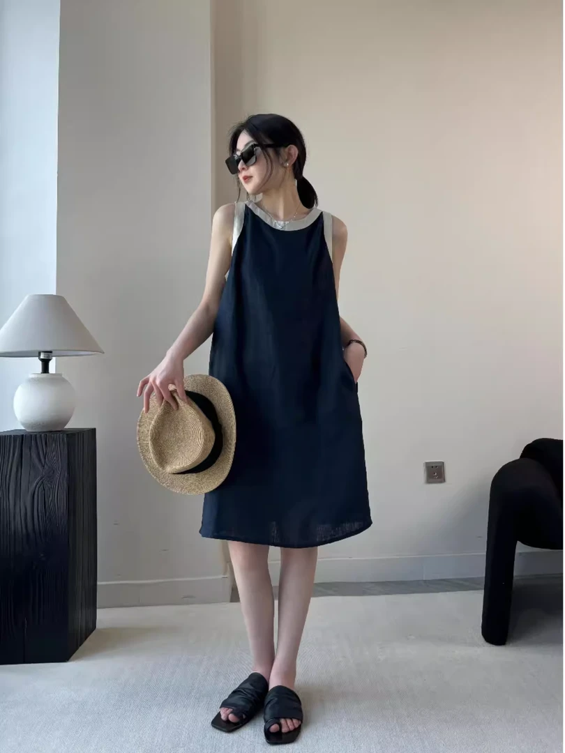 2024新款亚麻吊带裙薄款透气慵懒风无袖背心裙中长款显瘦连衣裙女