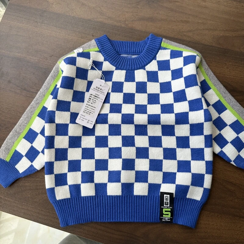 儿童毛衣针织衫格子圆领套头棋盘格童装