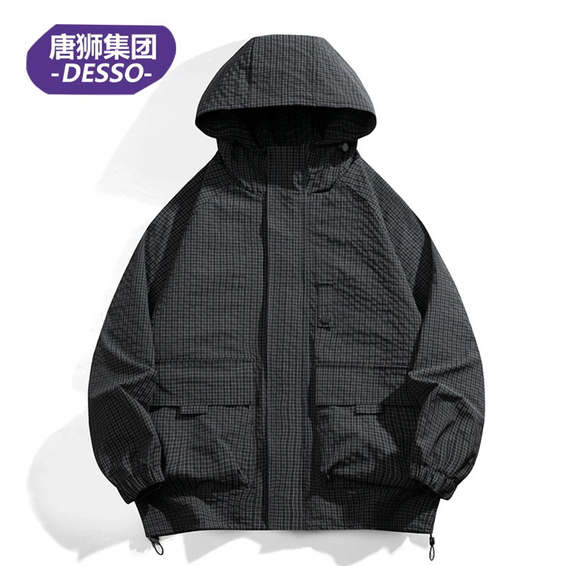 唐狮集团DESSO连帽格子外套男美式高街潮牌大口袋宽松休闲衫夹克