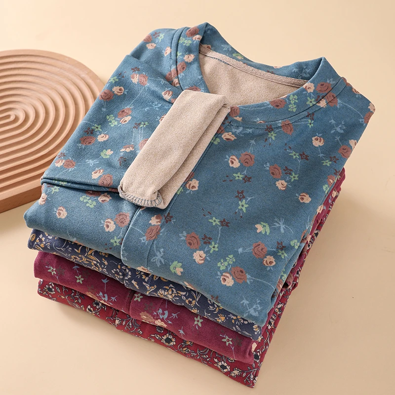 女士中老年大码女保暖开衫秋衣秋冬保暖碎花上衣打底内衣妈妈装