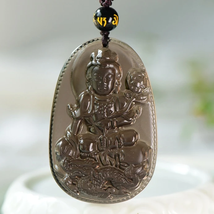 天然冰种黑曜石属龙本命佛普贤菩萨吊坠挂饰男女护身转运挂坠佛牌