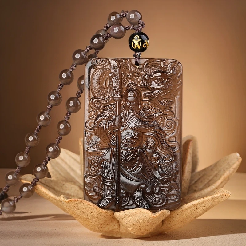 天然冰种黑曜石关公吊坠牌子关羽男士霸气武财神挂坠项链关二爷