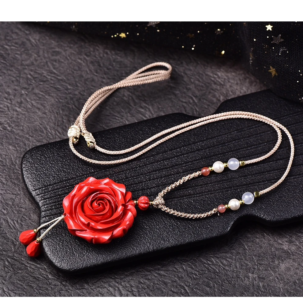 含辰砂工艺品朱砂红砂玫瑰花挂饰花开富贵吊坠项链女款时尚饰品