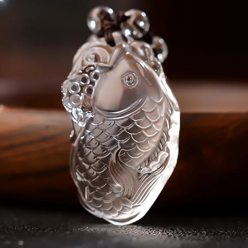 天然白水晶锦鲤吊坠男女学生挂件本命年黄水晶文昌鱼项链上岸礼物