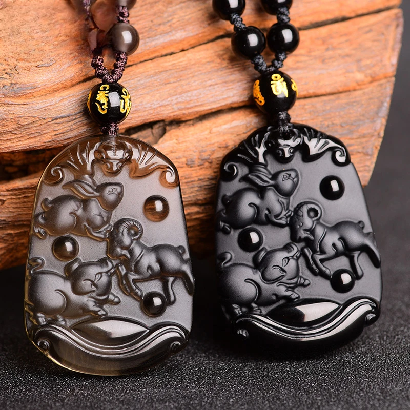 天然冰种黑曜石三合贵人十二生肖吊坠牌属猪兔羊蛇鸡牛虎马狗项链