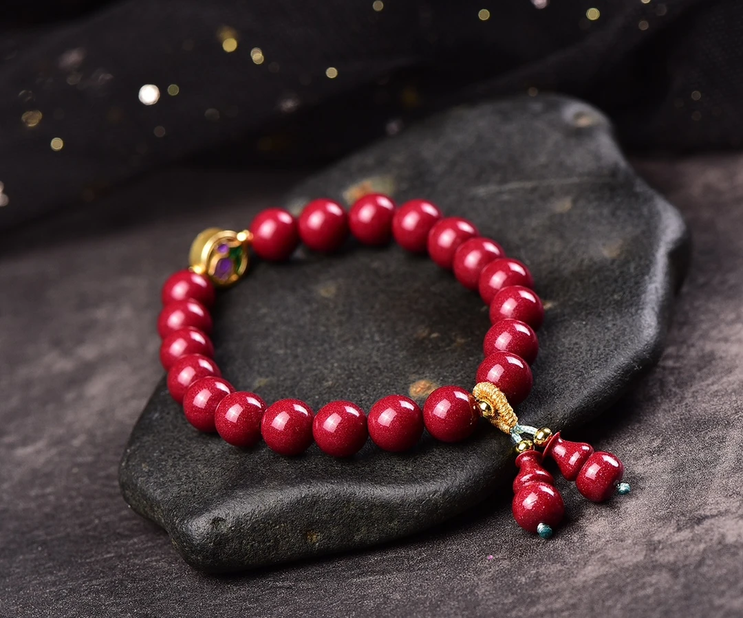 含辰砂工艺品朱砂光面圆珠搭配葫芦单圈手链手串紫砂转运护身饰品