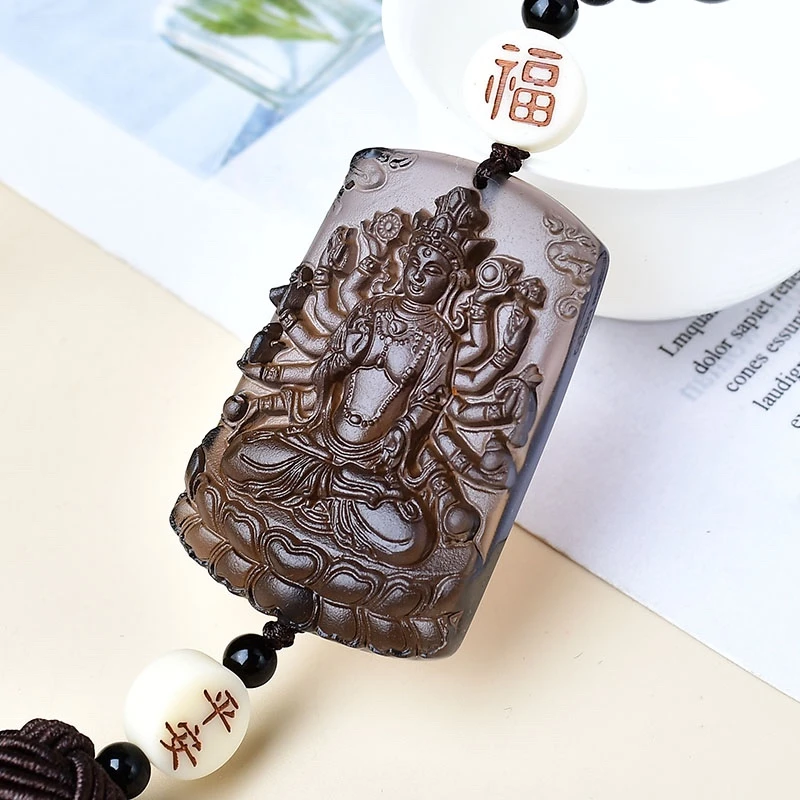 天然冰种黑曜石千手观音车挂高档汽车挂饰手工编织流苏原创设计