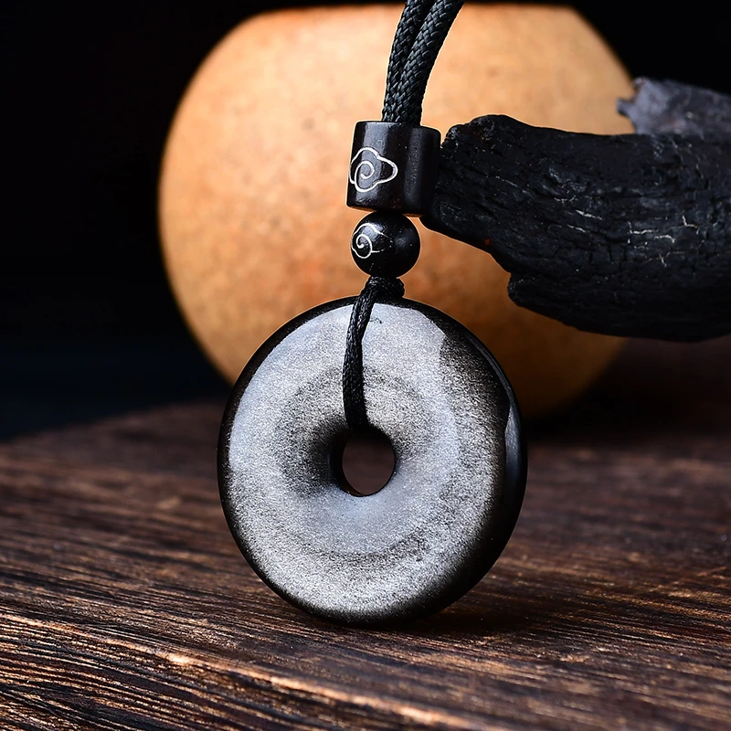 天然黑曜石冰种黑曜石平安扣情侣吊坠男女本命年护身转运纳福饰品