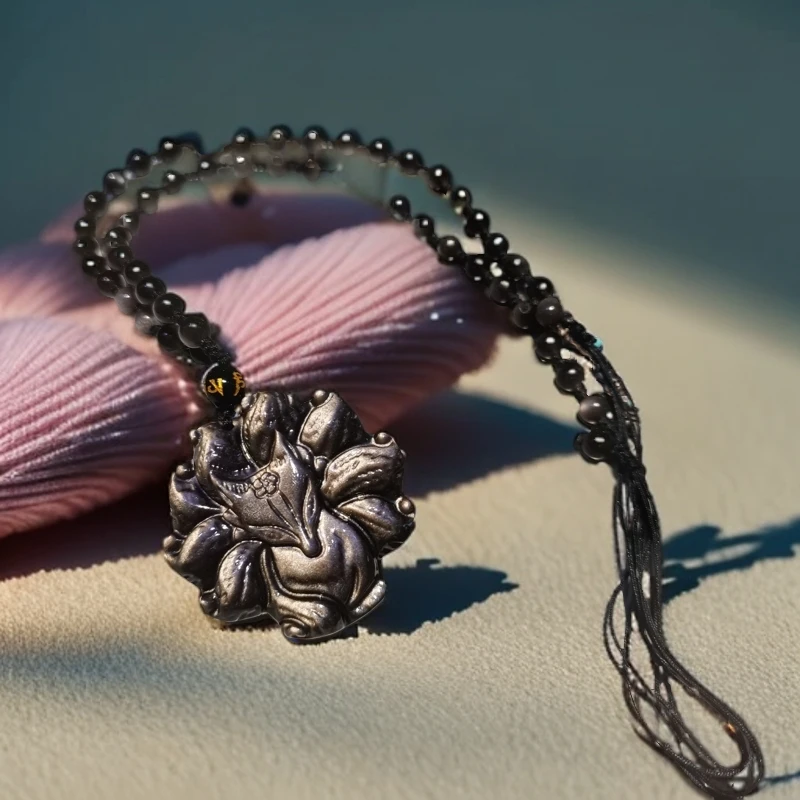 天然黑曜石银曜石毛衣挂件男女狐狸吊坠项链百搭长款九尾狐爆款