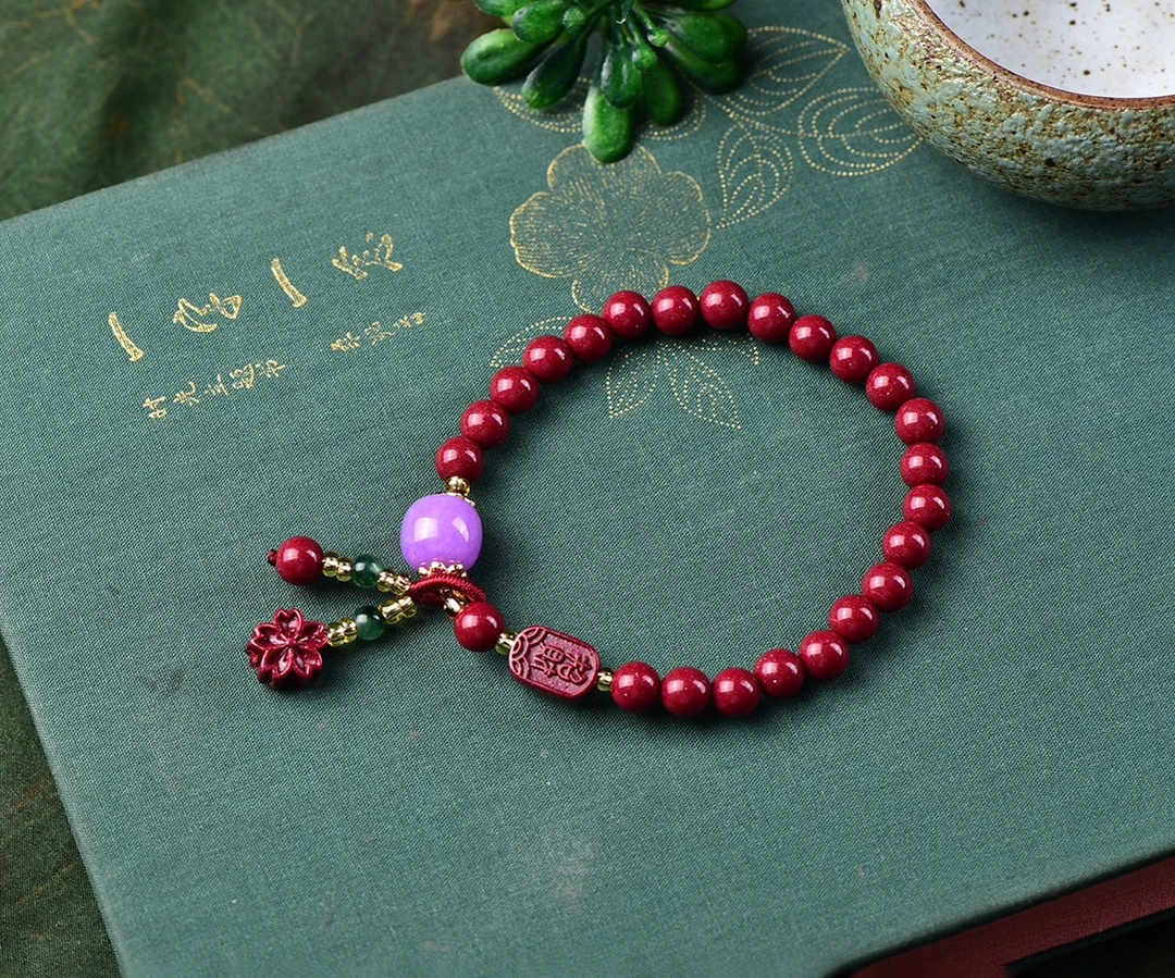 含辰砂工艺品朱砂手链紫金砂圆珠搭配招财纳福牌单圈手链手串女款
