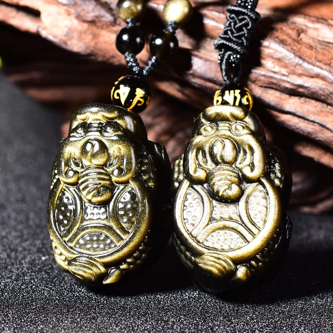 天然黑曜石金曜石吊坠龙龟男女金龟招财赐瑞饰品挂件项链中国风