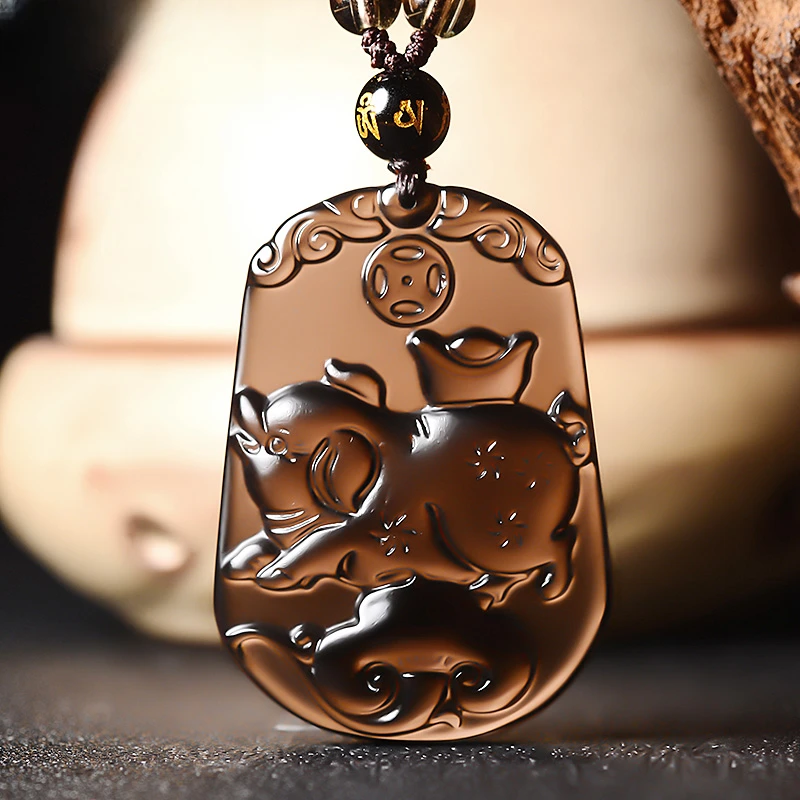 天然冰种黑曜石十二生肖属猪兔羊吊坠本命年项链秋冬男女饰品挂件