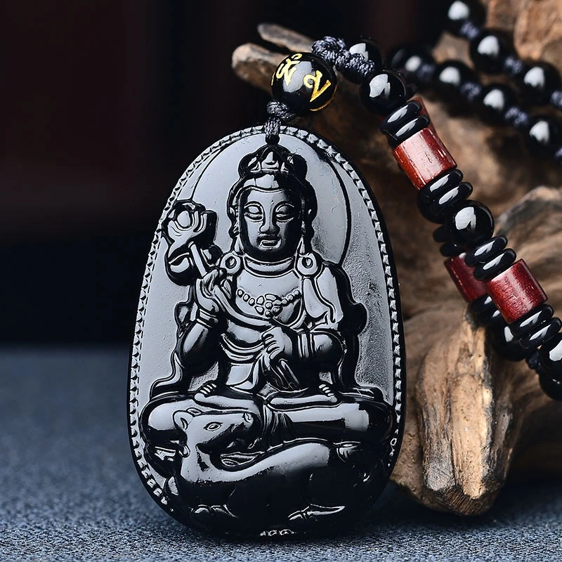 天然黑曜石生肖马本命佛大势至菩萨吊坠项链挂饰男女护身转运饰品