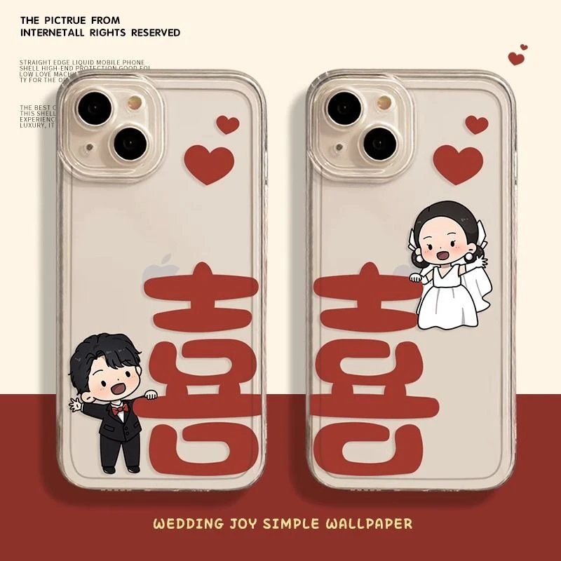 适用【苹果/华为/oppo/vivo/小米/一加】太空喜字情侣手机壳软女ins